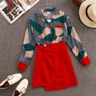 Set: Long-sleeve Printed Shirt + Mini A-line Skirt