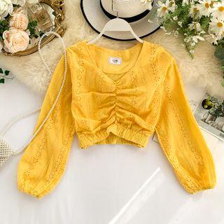 Shirred Cropped Lace Blouse