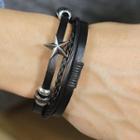 Stainless Steel Star Leather Layered Bracelet 1417 - Black & Silver - One Size