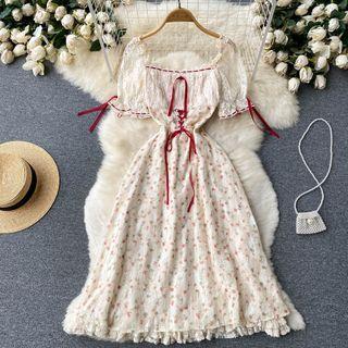 Short-sleeve Floral Lace Panel Midi A-line Dress