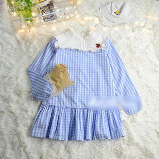 Long-sleeve Check Embroidered A-line Dress