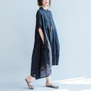 Stand Collar Printed Short-sleeve Midi Shirt Dress