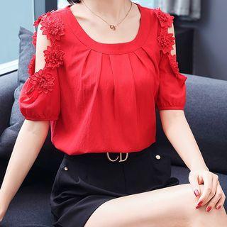 Flower Short-sleeve Cold-shoulder Blouse