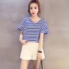 Short-sleeve Striped V-neck T-shirt