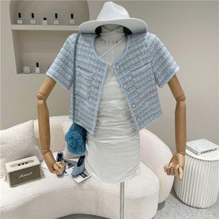 Short-sleeve Patterned Pocket Cropped Jacket