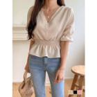 Puff-sleeve Smocked-trim Peplum Top