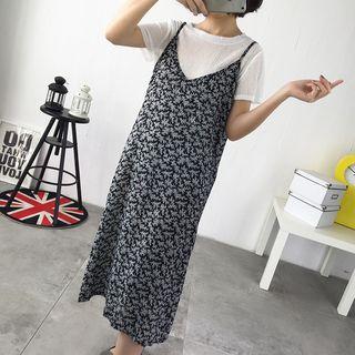 Set : Print Strap Dress + Short-sleeve T-shirt