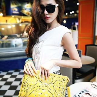 Faux-leather Cutout-trim Studded Clutch Perforate Yellow - One Size