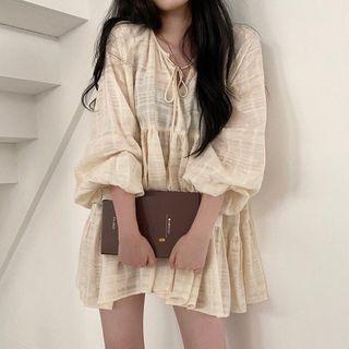 Long-sleeve Tie-neck A-line Mini Dress As Shown In Figure - One Size