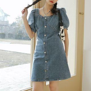 Puff Sleeve Denim Square Neck Dress