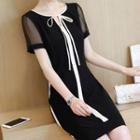 Short-sleeve Mesh Paneled Chiffon Mini Dress