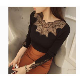 Long-sleeve Rhinestone Lace Panel Knit Top
