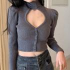 Long-sleeve Button-up Knit Top Gray - One Size