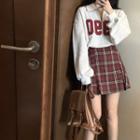 Plaid Mini Skirt / Lettering Collared Sweatshirt