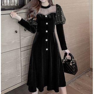 Puff-sleeve Mesh Panel Velvet Midi Dress
