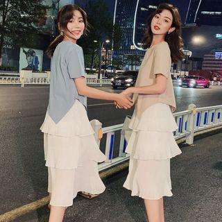 Set: Short-sleeve Knit Top + Midi Tiered Skirt
