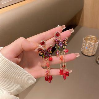 Butterfly Faux Crystal Fringed Earring 1 Pair - Butterfly - Red - One Size