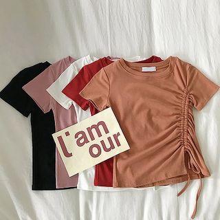 Plain Lace-up Frilled Short-sleeve Top