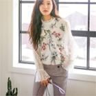 Sheer Lace-sleeve Floral Sweatshirt