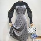 Set: Mesh Long-sleeve Top + Dot Dress As Figure - L