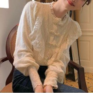 Long-sleeve Frog-buttoned Lace Blouse Almond - One Size