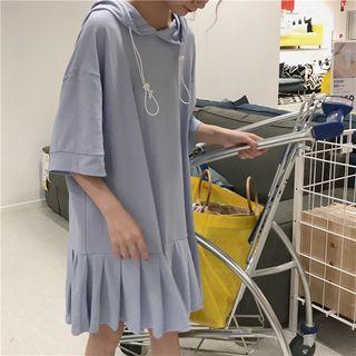 Hooded 3/4 Sleeve Pleated-hem T-shirt Dress