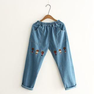 Embroidered Band Waist Straight Cut Jeans