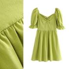 Plain Short-sleeve Shirred Mini A-line Dress