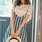 Set:picture-print Short-sleeve Top+color-block Striped Camisole Dress