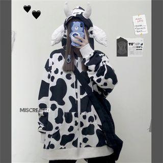 Cow Print Zip Hoodie Black & White - One Size