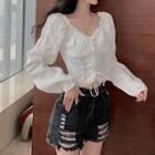 Ruffle Trim Lace-up Cropped Blouse