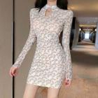 Long-sleeve Frog Buttoned Floral Mini Sheath Dress