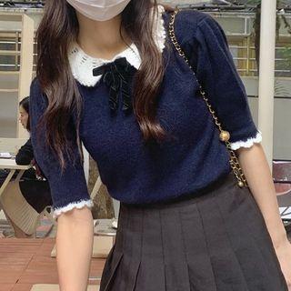 Short-sleeve Lace Trim Knit Top Dark Blue - One Size