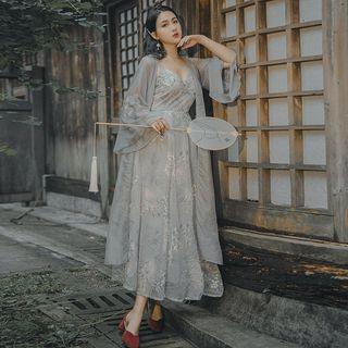 Spaghetti Strap Embroidered Floral A-line Maxi Dress / Light Jacket