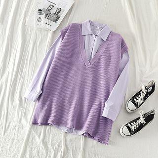 Plain Single-breasted Long-sleeve Blouse / Plain V-neck Knit Vest
