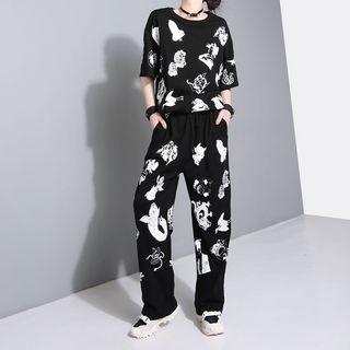 Printed Elbow Sleeve T-shirt / Drawstring Wide Leg Pants