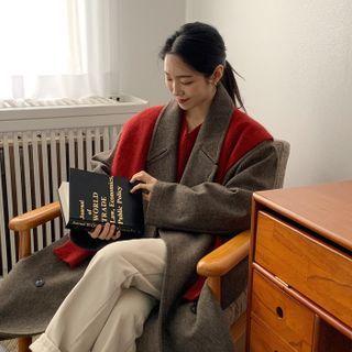 Double-breasted Herringbone Long Coat Brown - One Size