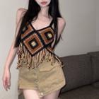 Crochet Fringed Crop Camisole Top / Denim Skort