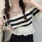 Short-sleeve Square-neck Striped Cropped Knit Top