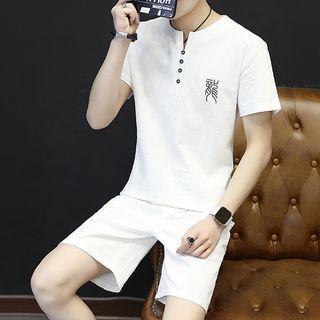 Set: Lettering Short Sleeve Henley T-shirt + Shorts