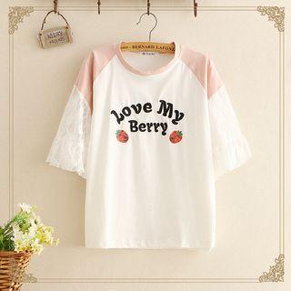 Lace Panel Bell-sleeve Strawberry Short-sleeve Top