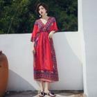 3/4-sleeve V-neck Print Midi A-line Dress