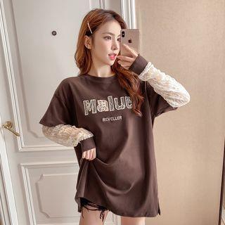 Lace Mock Two-piece Lettering Long-sleeve T-shirt