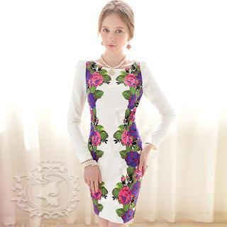 Long-sleeve Floral Sheath Dress