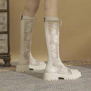 Mesh Panel Block-heel Tall Boots