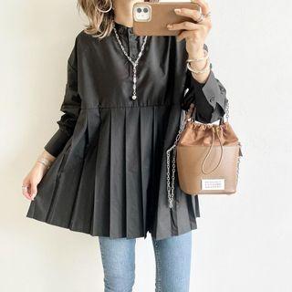 Long-sleeve Pleated Henley Blouse