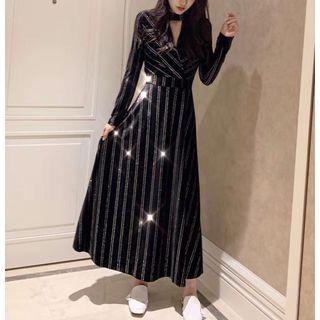 Cutout-front Striped Velvet Midi Dress