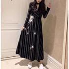 Cutout-front Striped Velvet Midi Dress