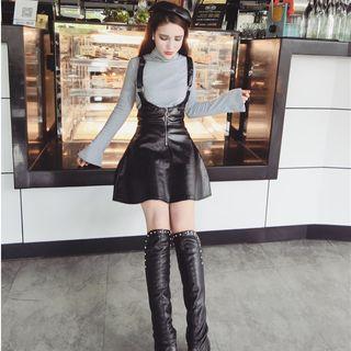 Set: Turtleneck Top + Suspender Pu Dress