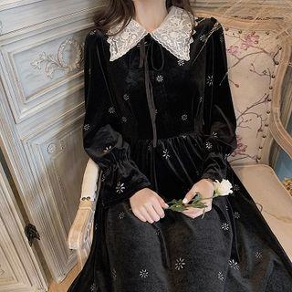 Plain Crewneck Lace Panel Velvet Slim-fit High-waist Long-sleeve Dress Black - One Size